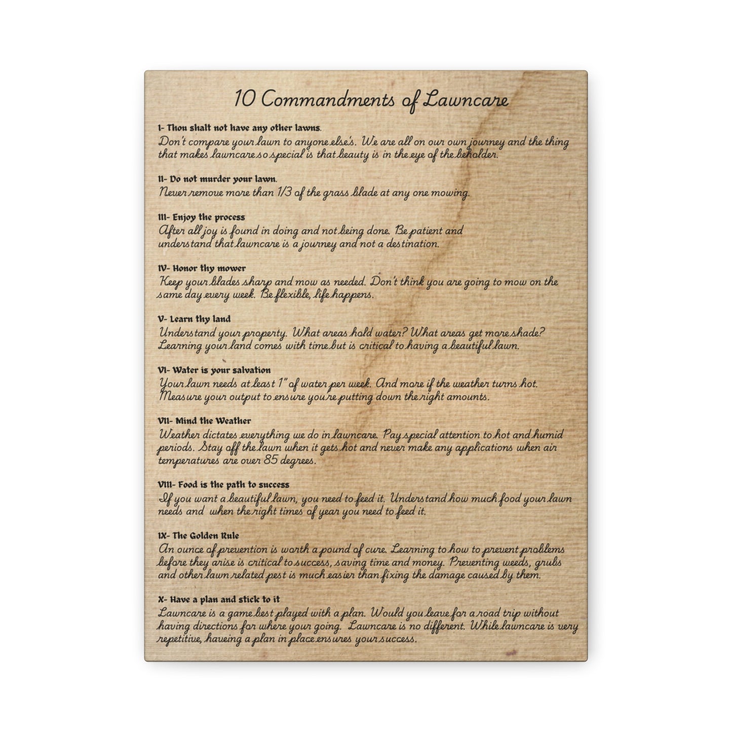10 Commandments of Lawncare Canvas Print
